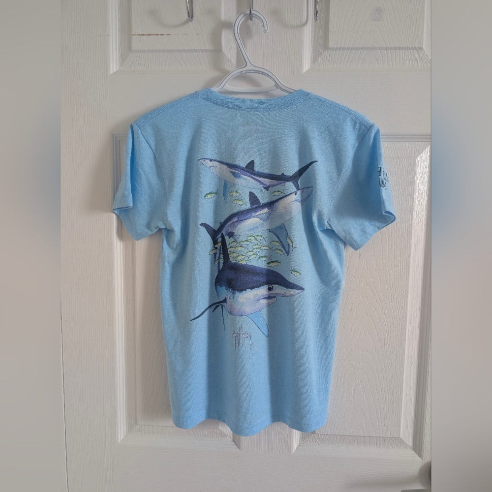 NWT Guy Harvey Light Blue Crewneck Tee with Navy Shark Marlin Graphic Unisex - S
